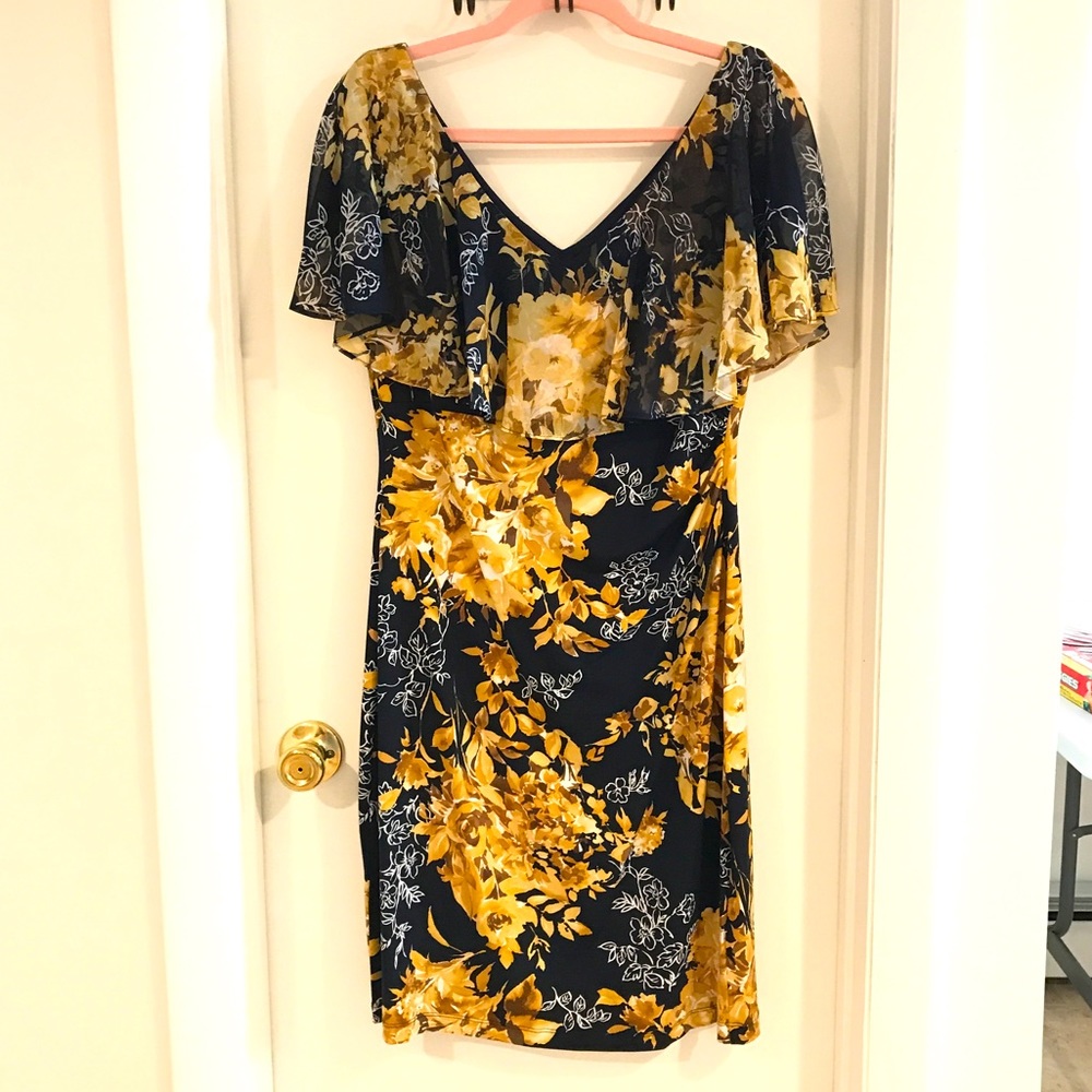 Connected Apparel Women’s Chiffon Cape Sleeve Navy and Gold Floral Dress Sz 12P